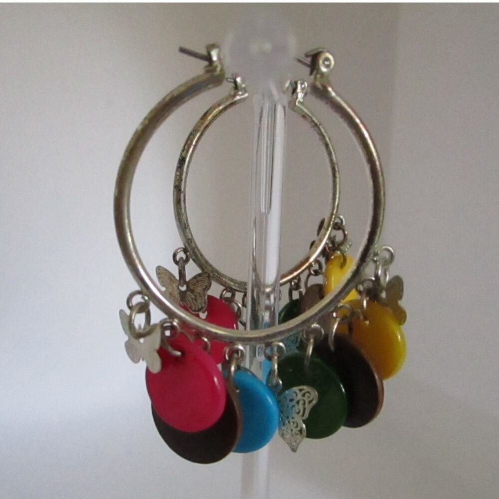 Colorful Boho Hoop Earrings with Butterfly Charms Mixed Disc Dangles 2in - Picture 5 of 17